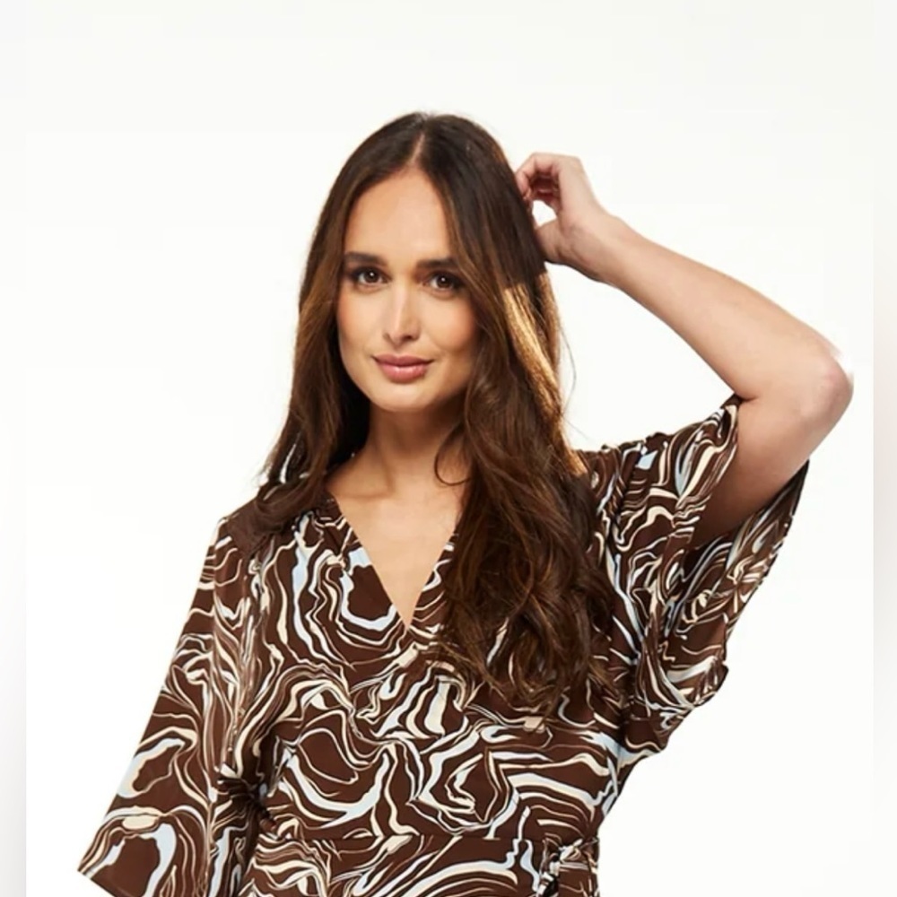Sweet Rain Liquorish Scribble Print Top With Kimono Sleeves Brown - Picture 3 of 9